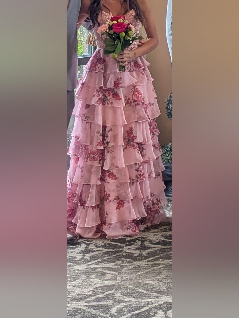 Sherri Hill Pink Floral Tiered Ruffle Gown
